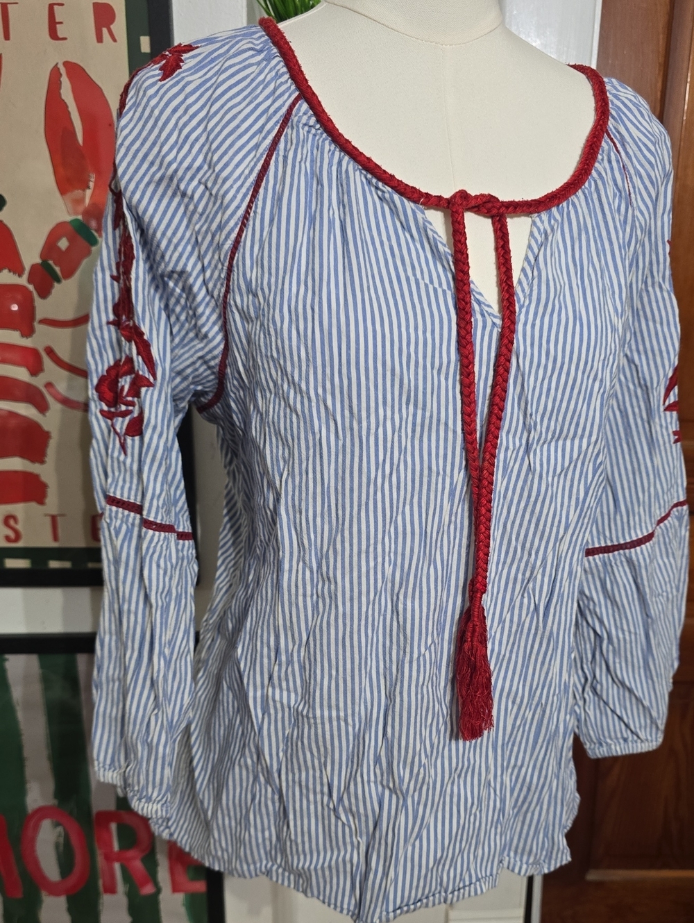 Vintage America Blue & White Striped Peasant Blouse Xl Boho Coastal